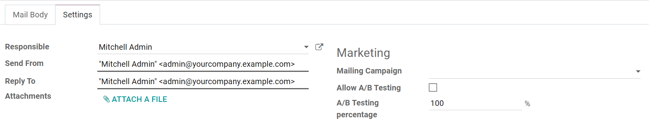 Visualização da aba de definições no Odoo Marketing por e-mail quando as configurações são ativadas.