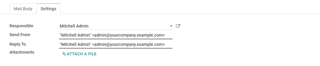 Visualização da aba de definições no aplicativo Odoo Marketing por e-mail, sem as configurações ativadas.