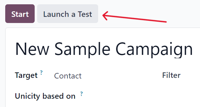 Botão de iniciar teste em um formulário de detalhes de campanha no Odoo MKT: Automação.