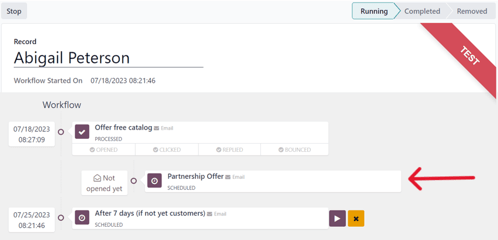 Progresso do teste de fluxo de trabalho no Odoo MKT: Automação.