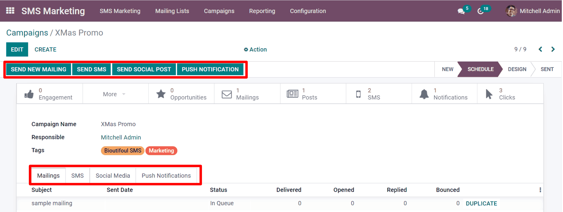 Visualização de um modelo de campanha de SMS no Odoo Marketing por SMS.