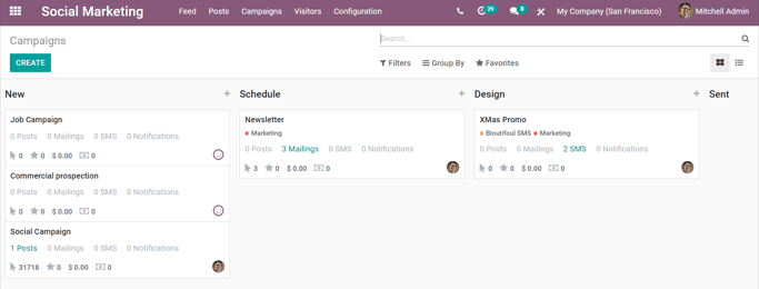 Visualização da página de campanhas no aplicativo Odoo Marketing de Redes Sociais.