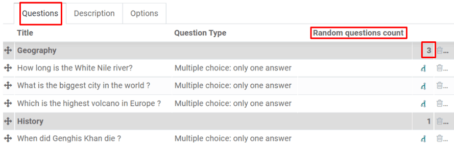 Total de perguntas aleatórias na aba de perguntas de um questionário.