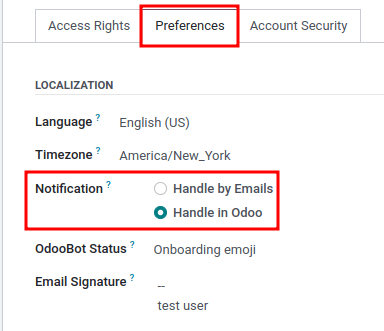 Visualização da aba Preferências do Mensagens do Odoo.