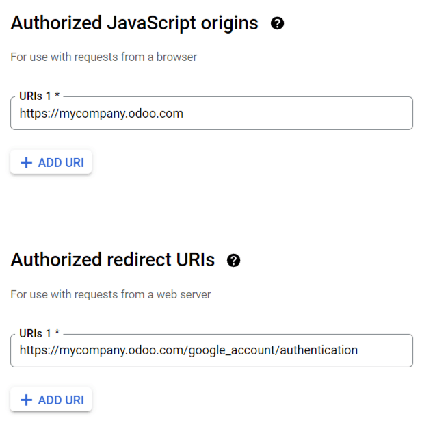 Adicione as origens de JavaScript autorizadas e os URIs de redirecionamento autorizados.