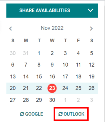 O botão de sincronização do "Outlook" no Calendário do Odoo.