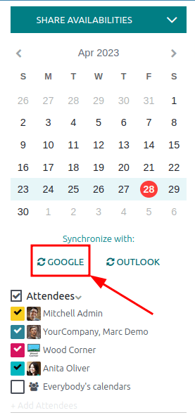 Clique no botão de sincronização do Google no Calendário do Odoo para sincronizar o Google Calendar com o Odoo.