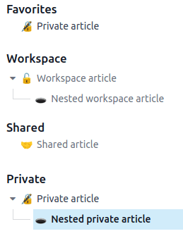 Categorias exibidas na barra lateral esquerda do app Conhecimento do Odoo