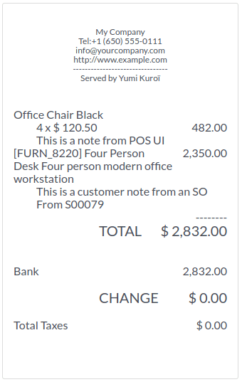 Recibo do cliente com notas de um SO e do recurso de nota do cliente