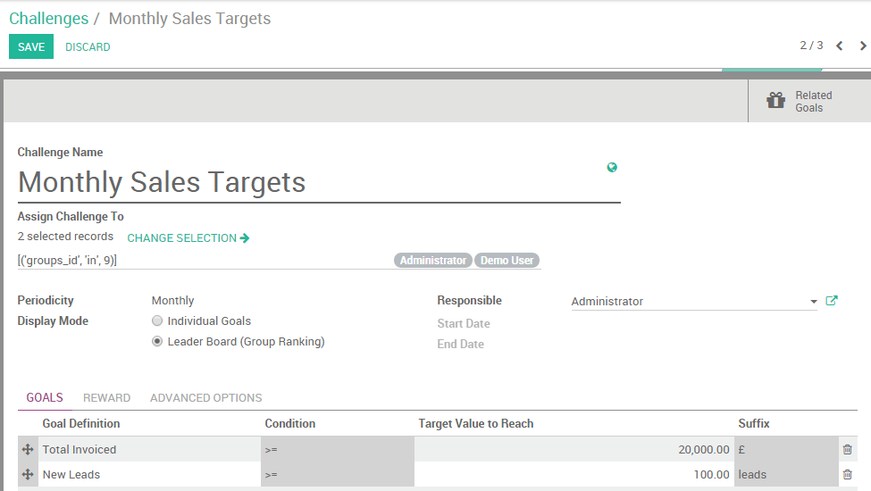 Visualização do formulário de desafio e um desafio sendo criado para Odoo Vendas