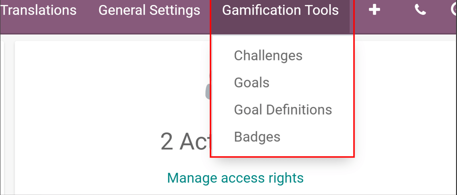 Visualização do menu de ferramentas de gamificação no Odoo Definições