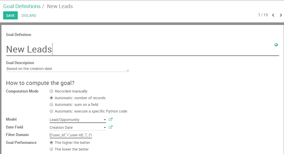 Visualização do formulário de definição de objetivo e uma definição de objetivo sendo criada para Vendas do Odoo