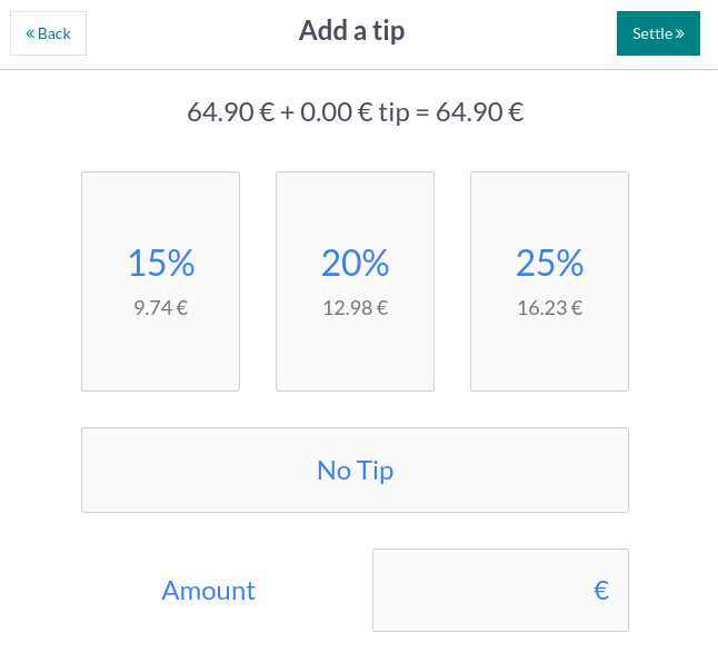 tela para selecionar um valor de gorjeta a ser recebido após o pagamento