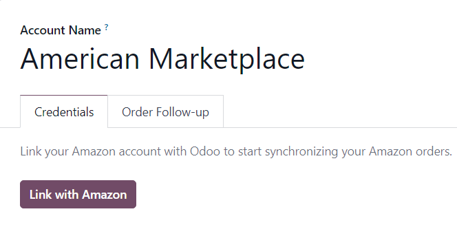 Uma página típica de formulário de conta da Amazon e o botão Vincular com a Amazon no Odoo Vendas.