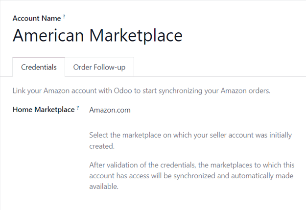 Uma página típica de formulário de conta da Amazon no aplicativo Odoo Vendas.