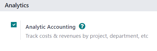 Ativação da configuração da Contabilidade analítica na página de configuração do Financeiro do Odoo.