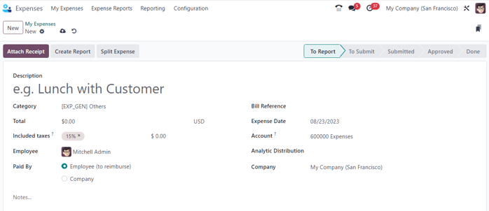 Um formulário de despesas em branco no aplicativo Odoo Despesas.