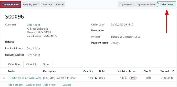 Pedido de vendas do armário com portas que foi confirmado no aplicativo Odoo Vendas.