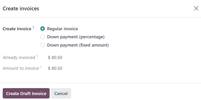 Opção de deduzir o valor da entrada na janela pop-up de criação de faturas no Vendas do Odoo.