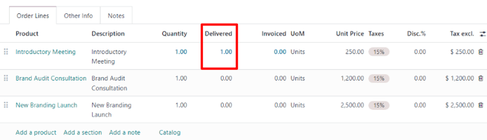 Um produto de marco que foi alcançado e marcado como entregue no pedido de vendas no Odoo.