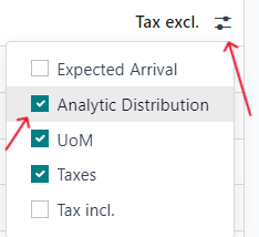 Como adicionar uma coluna de distribuição analítica no formulário de pedido de compra no Odoo Compras.