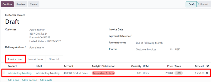 Uma fatura provisória do cliente mostrando apenas o produto de marco que foi alcançado.