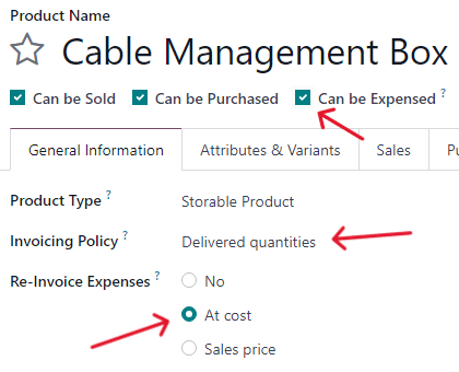 Configurações do produto para um pedido de compra a ser faturado em um pedido de venda no Odoo.