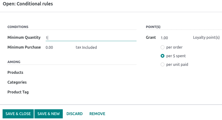 Janela de configuração de regras condicionais para um desconto ou programa de fidelidade.