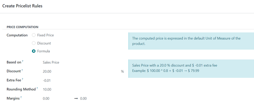 Exemplo de um desconto de 20% com preços arredondados para 9,99 no Vendas do Odoo.