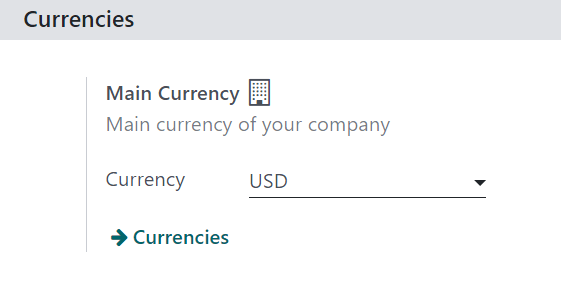 Como o recurso de moeda principal aparece na página de configurações no Odoo Financeiro.