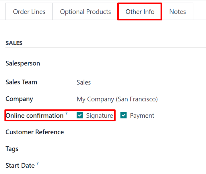 A opção do recurso de assinatura on-line na aba Outras informações de um formulário de cotação no Odoo.