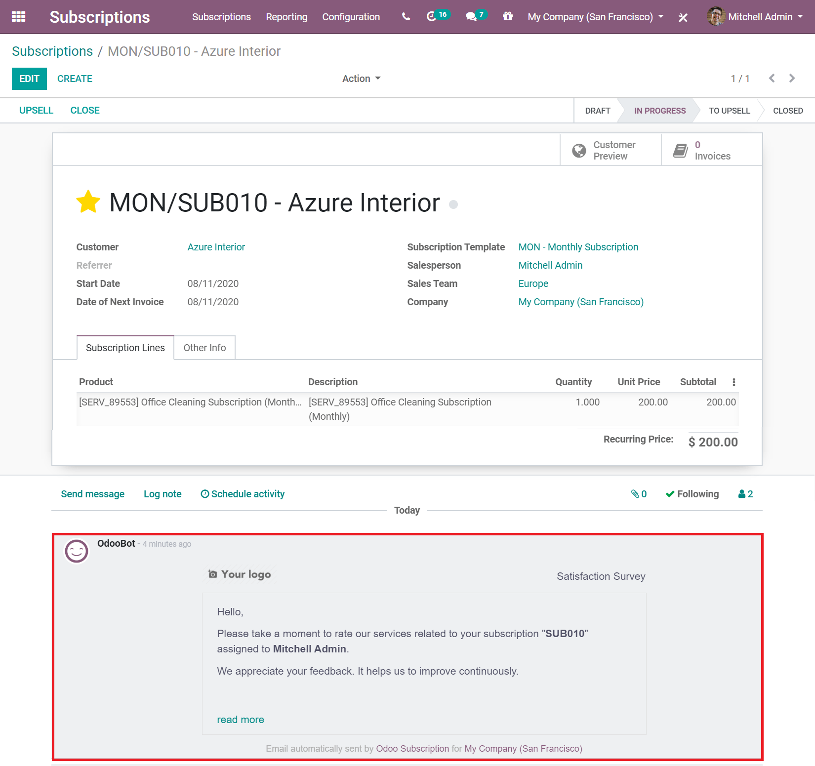 Pesquisa de satisfação no Assinaturas do Odoo