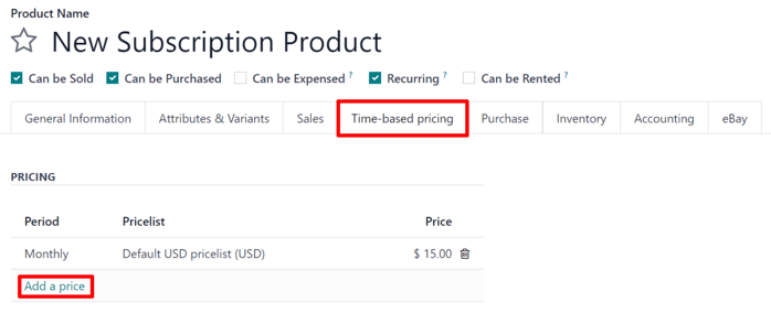 A aba de preços baseados em tempo em um formulário de produto de assinatura no Odoo Assinaturas.