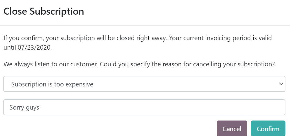 O que acontece quando os clientes encerram a sua assinatura com o app Assinaturas do Odoo?