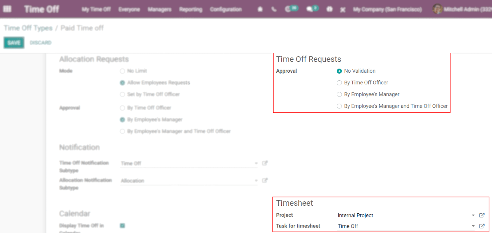 Visão de um formulário de tipos de folga, com destaque para a seção da planilha de horas e solicitações de folga no app Folgas do Odoo