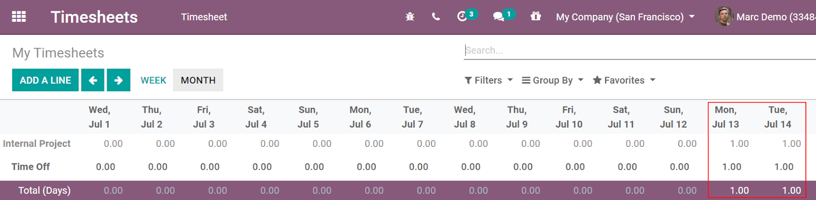 Vídeo de planilhas de horas, com destaque para a folga solicitada pelo funcionário no app Planilhas de horas do Odoo