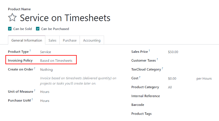 Visão do produto de serviço com política de faturamento definida como 'Baseado em planilhas de horas'.