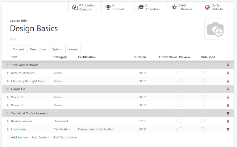 Visão de um curso sendo publicado na Central de Ajuda do Odoo