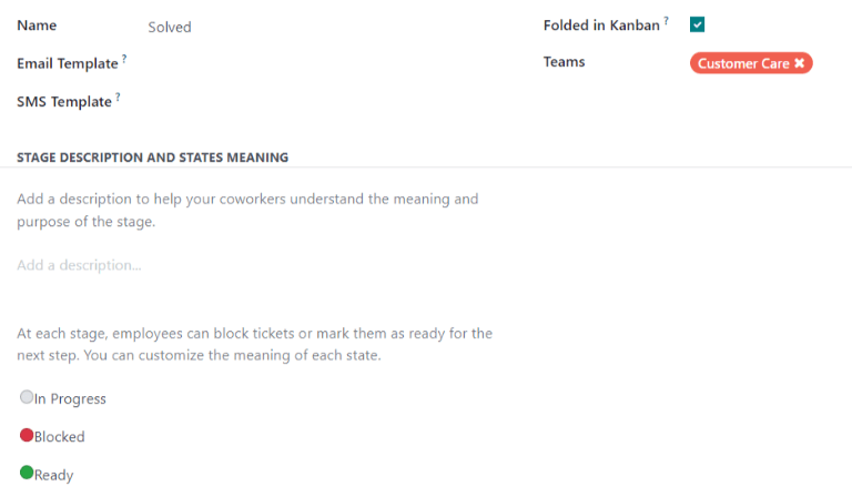 Visão da página de definições de estágios da Central de Ajuda do Odoo