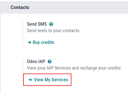 Aplicația Setări care arată titlul Odoo IAP și butonul Vizualizați serviciile mele.