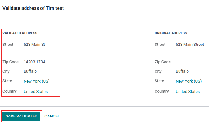 Validați fereastra pop-up adresa în Odoo cu butonul „Salvați validat” și „Validat”. Adresă” evidențiată.