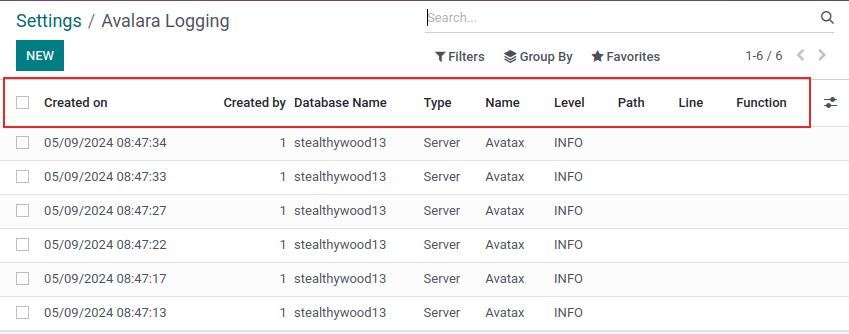 Pagina de înregistrare Avalara cu rândul de sus al listei evidențiat.