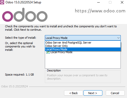 Selectarea „Modului proxy local” în timpul instalării Odoo Community.