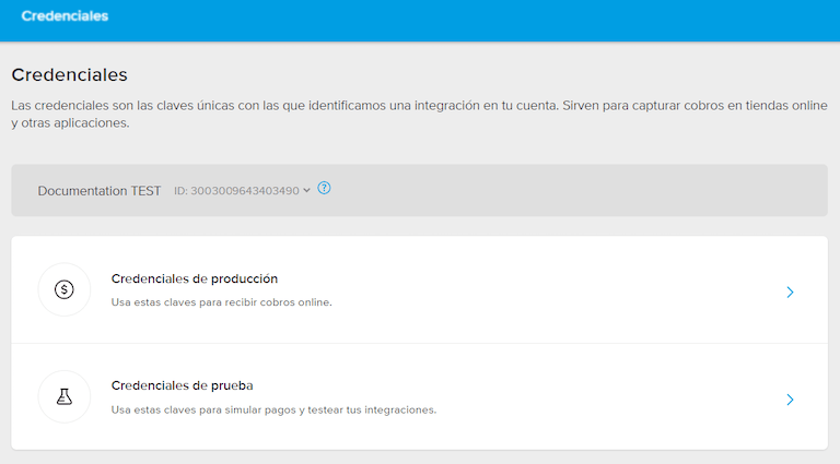 Acreditări de producție și testare în Mercado Pago.