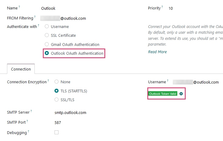 Indicator de token Outlook valid.