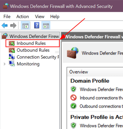 Panoul din stânga ferestrei Windows Defender cu elementul de meniu pentru regulile de intrare evidențiat.