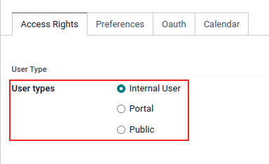 Vedere a formularului unui utilizator în modul dezvoltator, subliniind câmpul tip de utilizator din Odoo.