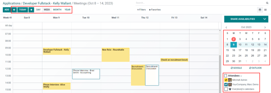 Vizualizarea calendarului, evidențiind modul de modificare a întâlnirilor afișate.