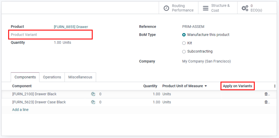 Variante de produs în lista de materiale.