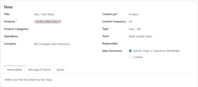 Un formular de Punct de control al calității (QCP) configurat pentru a crea un control al calității Trecut - Nu.